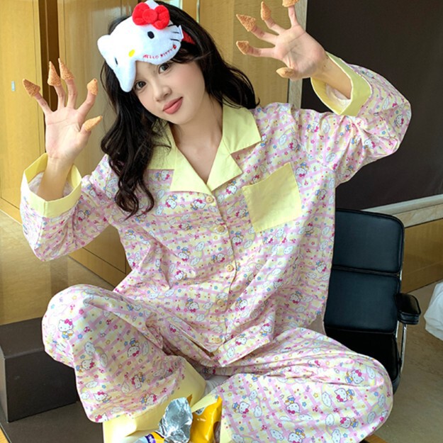 【甜豆狗狗】春秋简约长袖云朵绵可爱狗狗睡衣女套装家居服|undefined