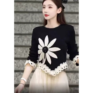 羅芬面料故事旗艦店女裝秋季法式優雅太陽花上衣搭配飄逸燙鑽紗裙