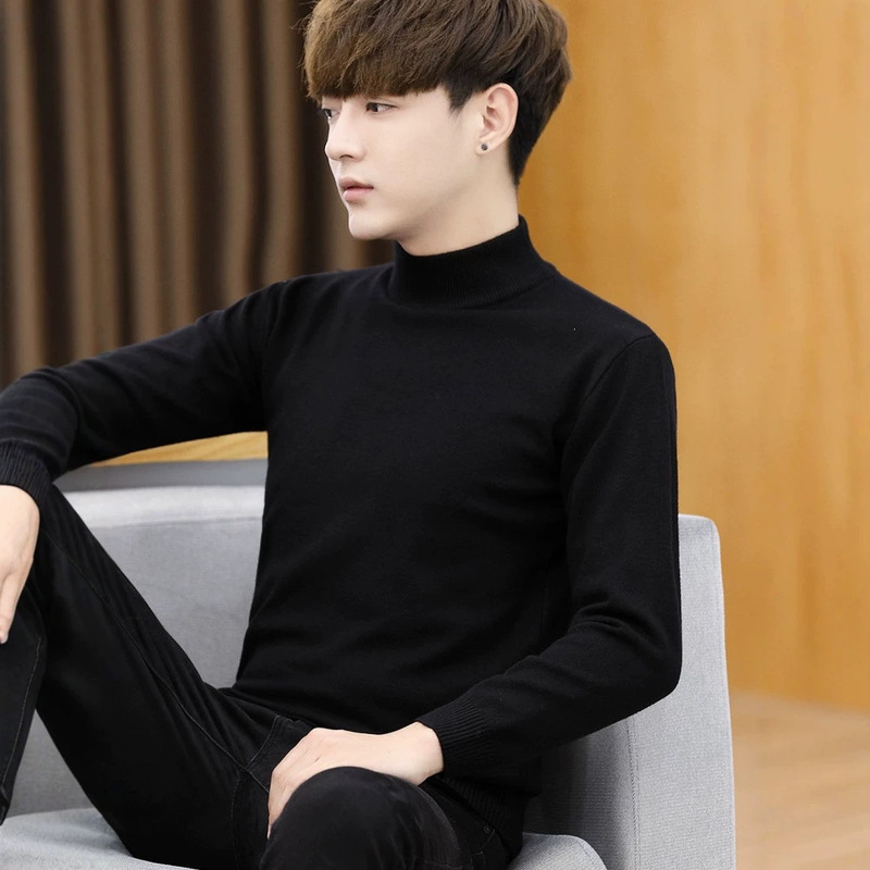 Men's half-high collar sweater for autumn and winter, slim fit, versatile knitted base shirt, pure black mid-collar trendy knitwear Men's half-high collar sweater for autumn and winter, slim fit, versatile knitted base shirt, pure black mid-collar trendy knitwear