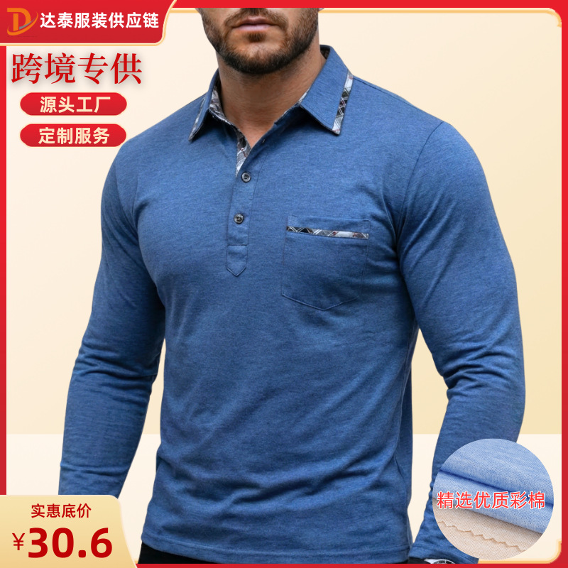 European and American Men's Long-Sleeve Collared T-Shirts, Foreign Trade Men's Polo Shirts, Cross-Border Autumn and Winter Base Layer Tops, Polos Wholesale