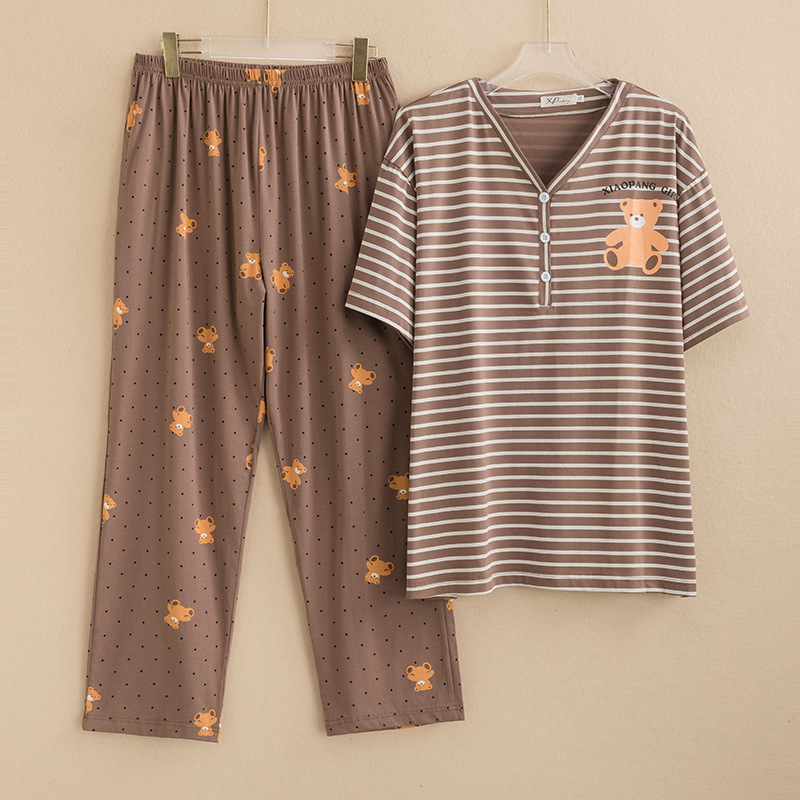 Women's plus size Striped Pajamas Spring and Autumn Long Sleeve Shorts Cartoon Printed plus size Loose V-Neck Outwear Home Wear