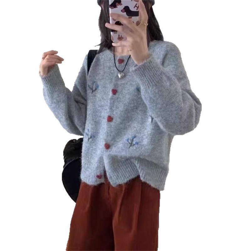 刺绣短款毛衣外套女25秋冬季新款小个子宽松百搭温柔感针织开衫|undefined