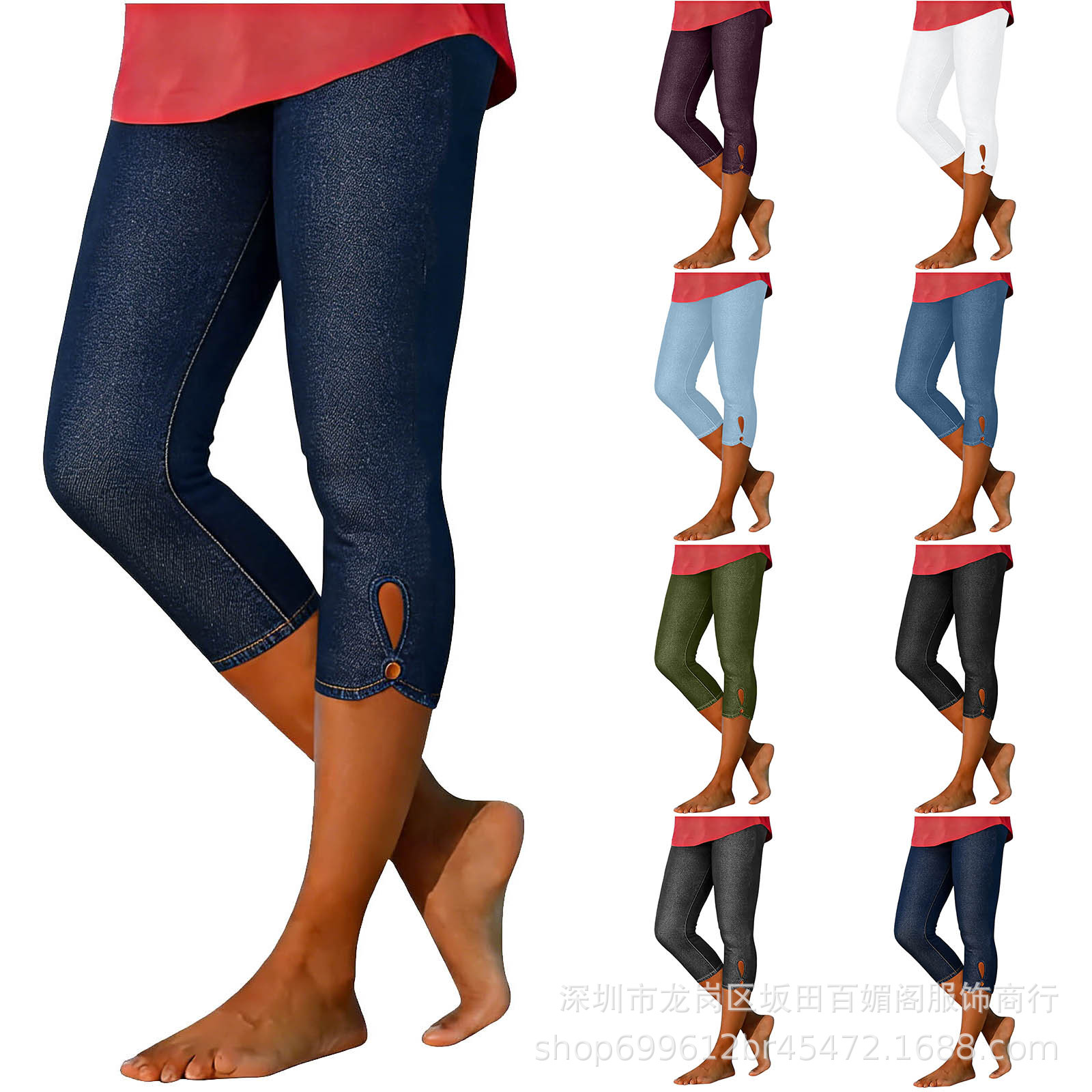 Independent Brand European and American Women's Fashion Leggings, Cropped Pants, Casual Pants, Hollow-Out Floral Tight-Fitting Stretchy Faux Denim Leggings