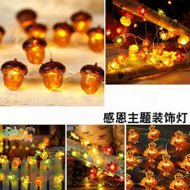 感恩节装饰灯橡子3D南瓜枫叶串灯万圣诞秋季花环丰收节led铜线灯