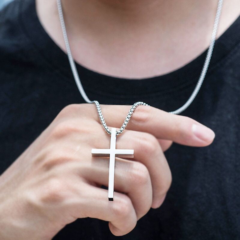 Nuevo collar con cruz lisa de acero de titanio para hombre, colgante de hip hop, cadena larga versátil para suéter, accesorios_voghion.com