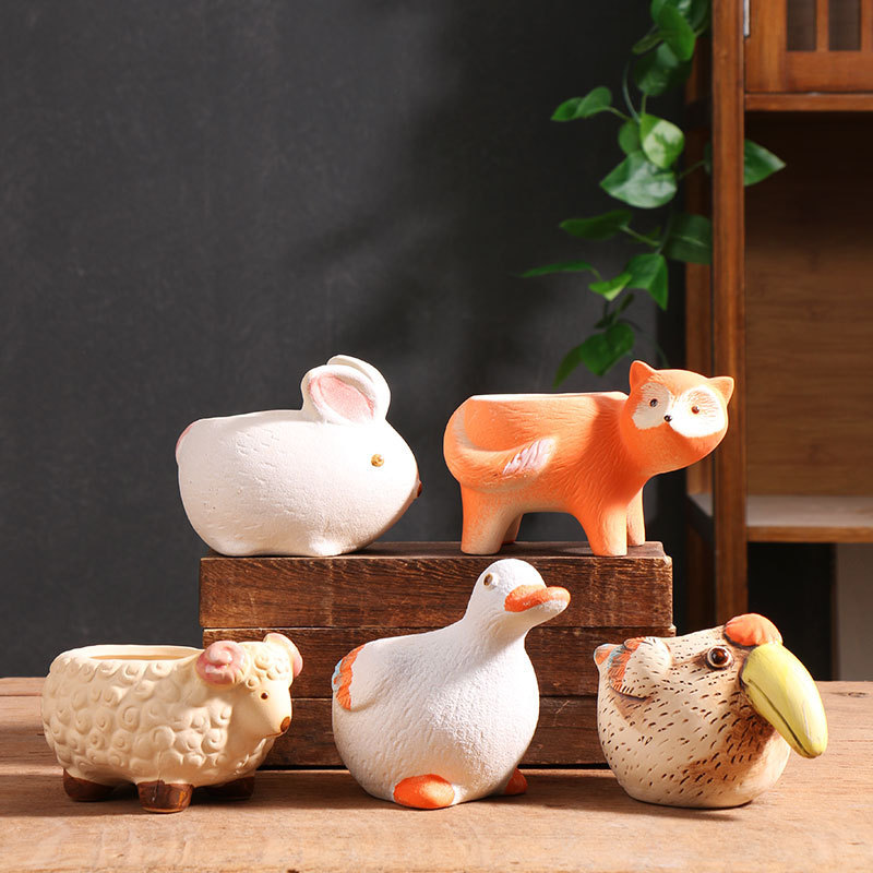 Cartoon Succulent Flower Pots, Creative Small Root-Controlling Flower Pots, Animal-Shaped Coarse Ceramic Pots, Terracotta Pots, Wholesale for Home Use