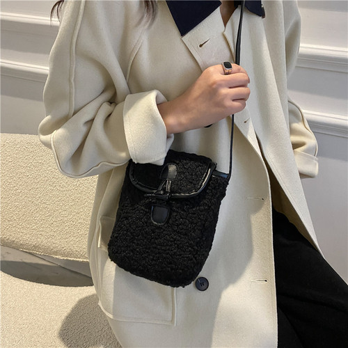 Chic Plush Small Handbag for Women  New Style Fashion Pom-pom Winter Shoulder and Crossbody Bag with Locking Phone Small Square Bag