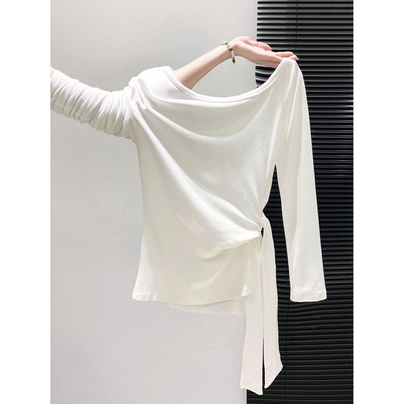 Stylish Asymmetrical Collar White Long-Sleeve T-Shirt for Women, 2026 Autumn New Style, Irregular Tie Waist Slimming Top Stylish Asymmetrical Collar White Long-Sleeve T-Shirt for Women, 2026 Autumn New Style, Irregular Tie Waist Slimming Top