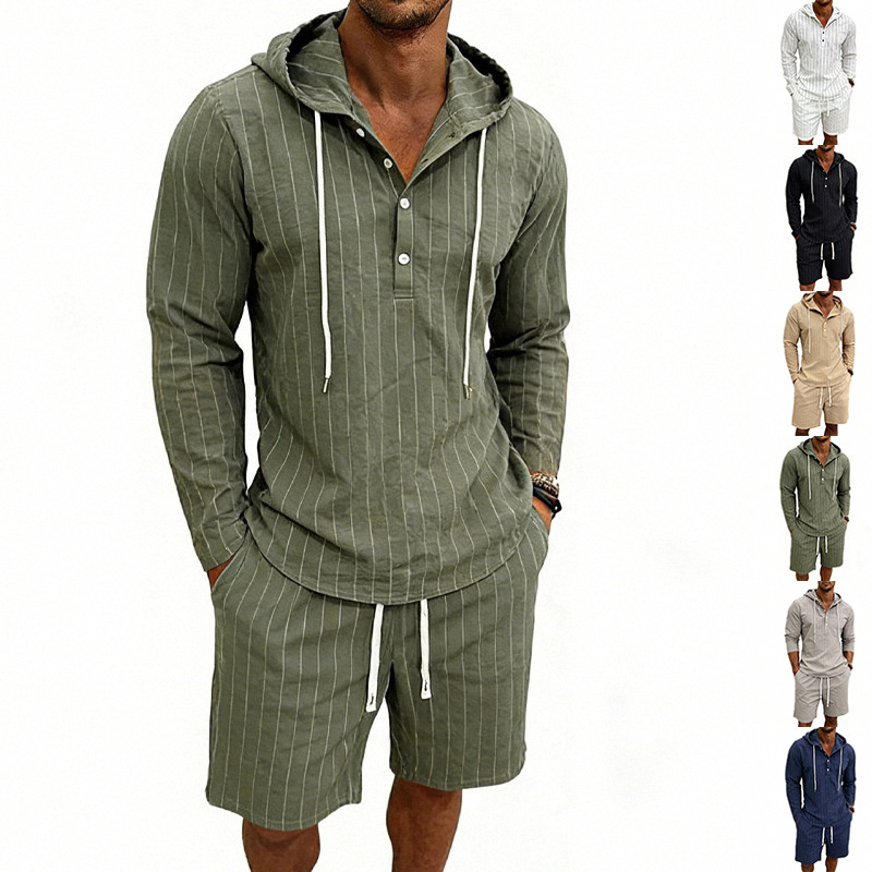 Men's Linen Long Sleeve Hooded Henley Shirt With Shorts Set, Jacquard Vertical Stripe Pattern, Relaxed Fit For Summer Commute And Casual Wear_viptrois.com