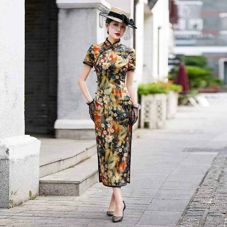 Summer silk long retro fashionable elegant cheongsam