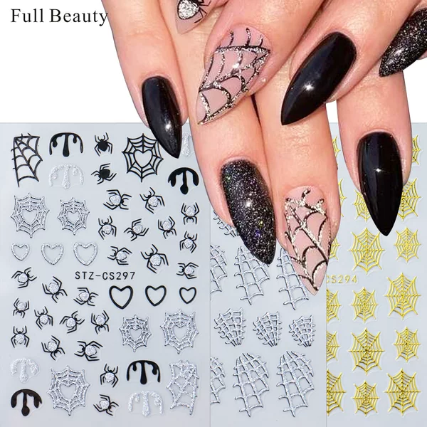 FULL BEAUTY cross-border Halloween nail stickers glitter silver spider black spider adhesive nail stickers