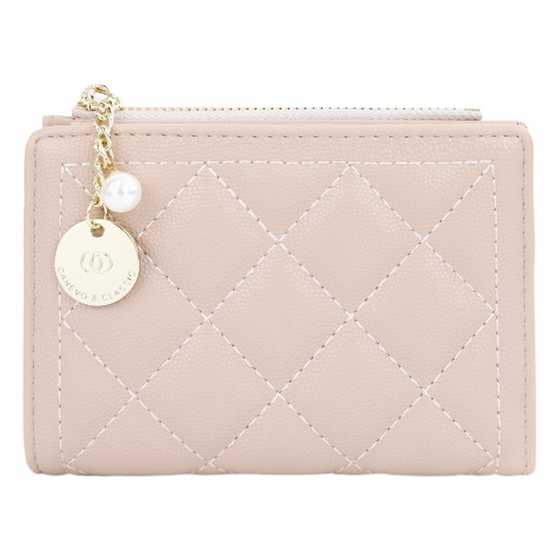 Terian lindo monedero corto de las mujeres ins bordado hilo estilo chanel pu perla colgante niñas monedero al por mayor