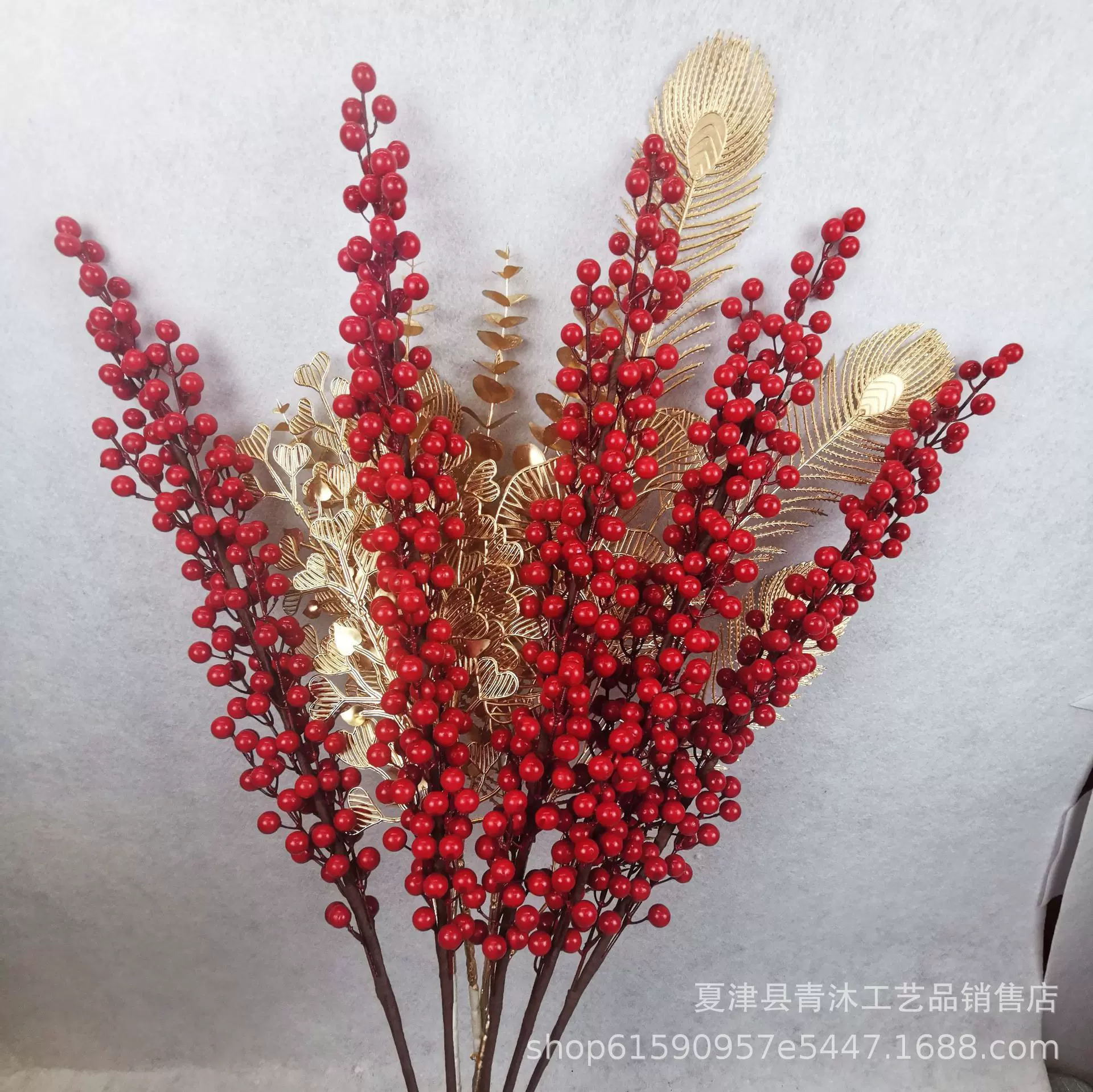 厂家批发多叉仿真红果发财果冬青果春节装饰仿真花福桶配件红果子