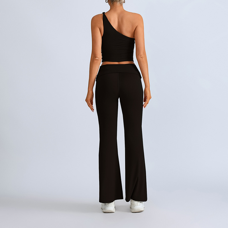 Traje de yoga transfronterizo europeo y americano, top irregular de un solo hombro para mujer, deportes, fitness, caderas, pantalones anchos, pantalones micro