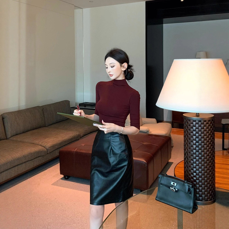 Women's High-End, Elegant Half-Sleeve T-Shirt, Slim-Fitting, Half-High Collar Top, Half-Length Skirt, Leather Skirt Two-Piece Set, Spring Outfit