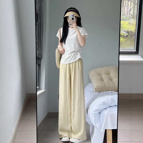 冰丝皱阔腿裤女夏薄款直筒高腰遮肉韩系2025裤子女显瘦长裤休闲裤