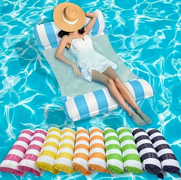 跨境夏季pvc充气浮排可折叠条纹浮床水上充气躺椅泳池吊床浮排
