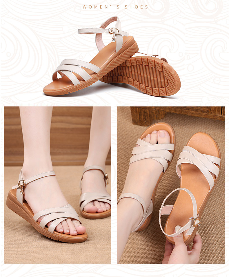 Sandal nữ đế xuồng da thật mềm chống trượt mùa hè — Màu be chi tiết 11