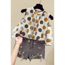 大码女装夏季胖妹妹宽松显瘦遮肚子洋气上衣波点露肩短袖雪纺衬衫