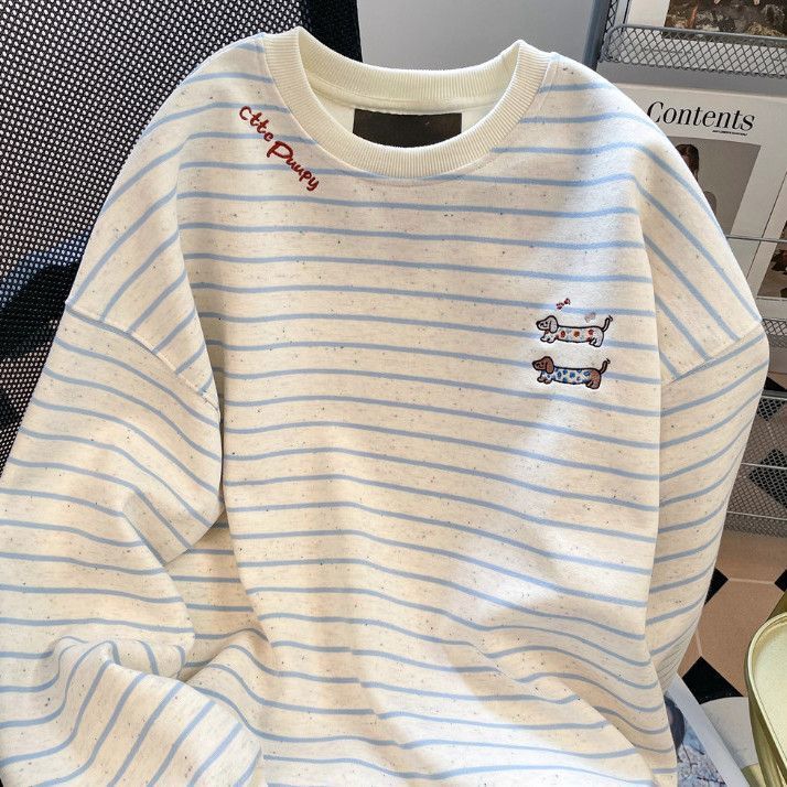 Korean Embroidered Dachshund Puppy Stripesd Long-Sleeved Sweatshirt for Men and Women in Autumn and Winter Loose Student Age-Reducing Cute Tops Ins