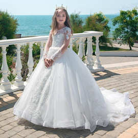 亚马逊外贸儿童礼服长袖女童婚纱蓬蓬公主裙蕾丝生日花童走秀礼服