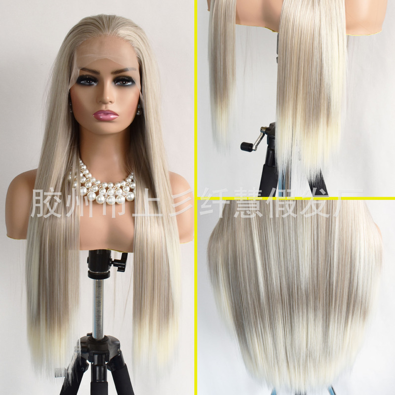 European and American Fashion Front Lace Wig for Women with Free Minute Mixed Color Long Straight Hair Chemical Fiber Wig Wigs Manufacturer Wholesale