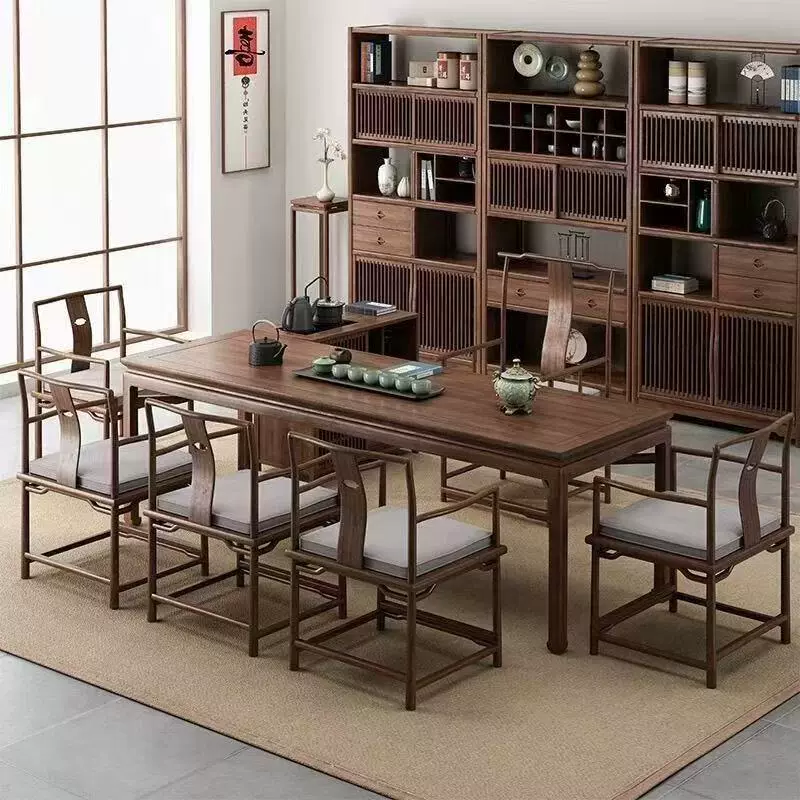 新中式马蹄腿茶桌一体一整套组合家居老榆木茶桌功夫茶几客厅整套