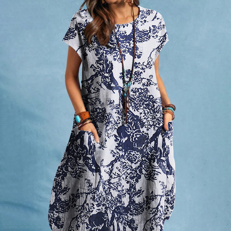 Plant Pattern Summer, Spring Season Wholesale Women'S Vintage Style Plant Holiday Round Neck Short Sleeve Irregular Skirt