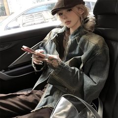アメリカのレトロな解体は水洗いして古い黄泥染めの立襟のデニムのコートをします。