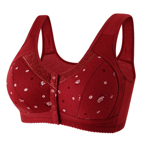 Summer and Autumn Large Size Middle-Aged Women's Cotton Bra with No Wire, Front Closure Lace Edge Printed Backless Tank Top