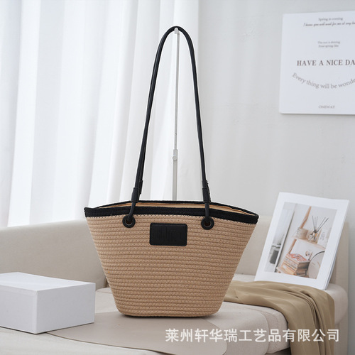 New minimalist woven tote bag, classic grass-woven bag, retro-style vacation leisure beach bag, summer shoulder bag
