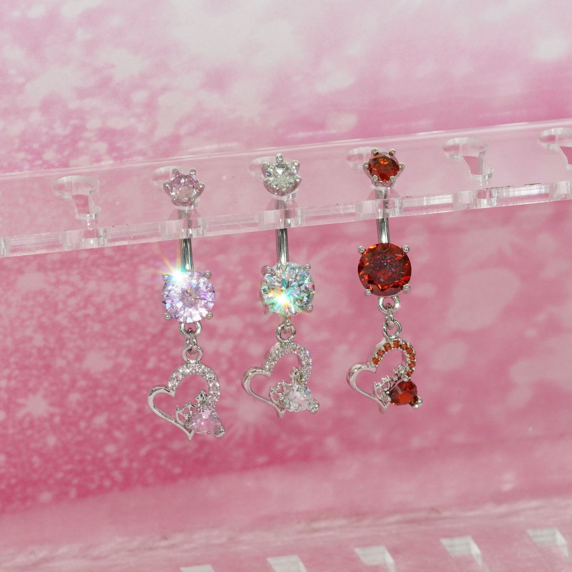Tri-color Heart Belly Button Ring With Zircon Piercing Jewellery_voghion.com