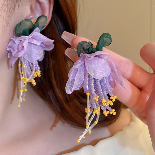 Dopamine Flower Pearl Earrings Sweet Forest Mesh Earrings Niche Design Earrings Fresh Temperament Earrings for Women
