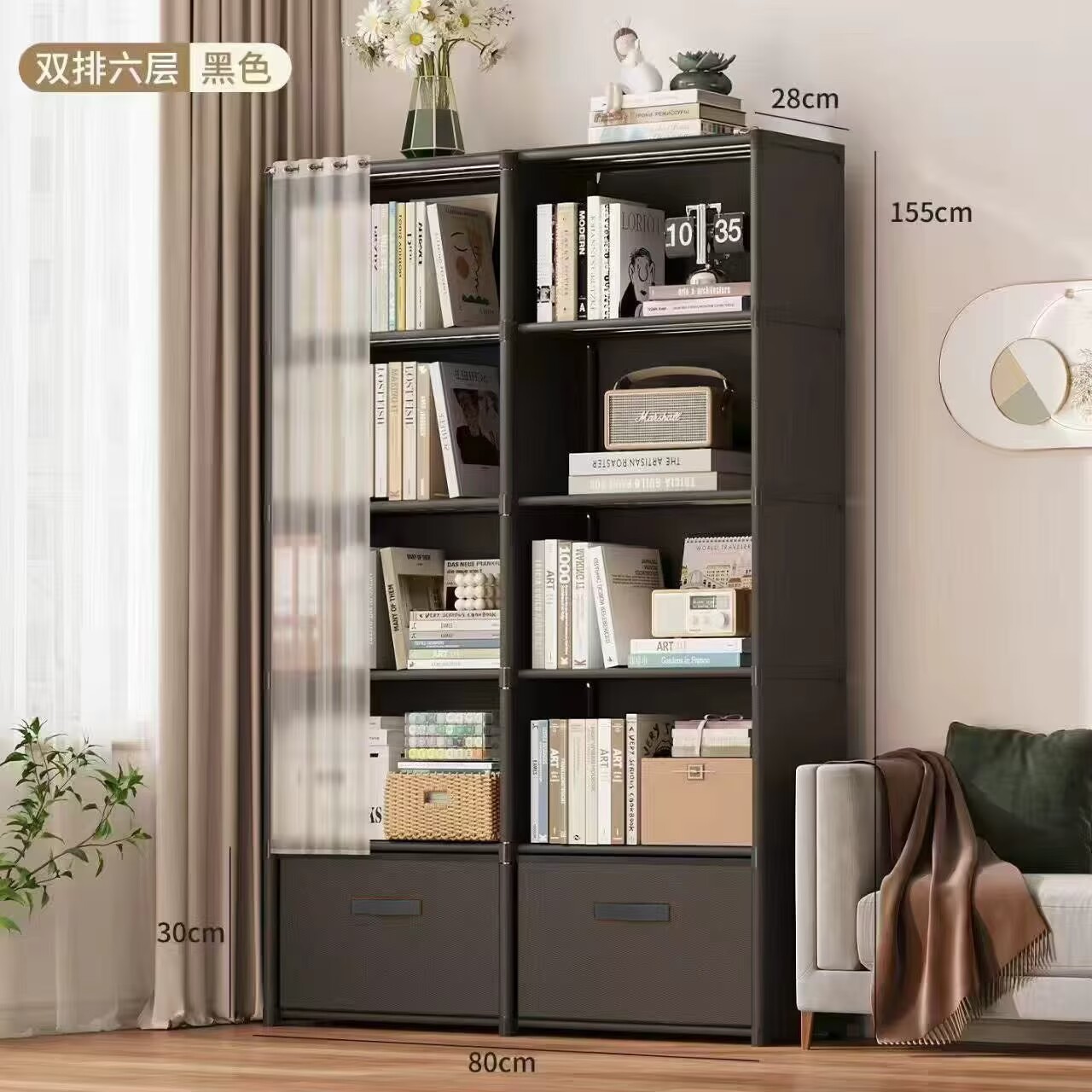 简易防尘书架带抽屉落地家用多层置物收纳衣柜卧室出租房收纳柜