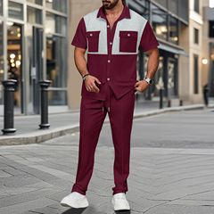 2025国境を越えたカジュアル男性夏青年ワッフルボタンポケット襟付きカーディガン男性シャツセット