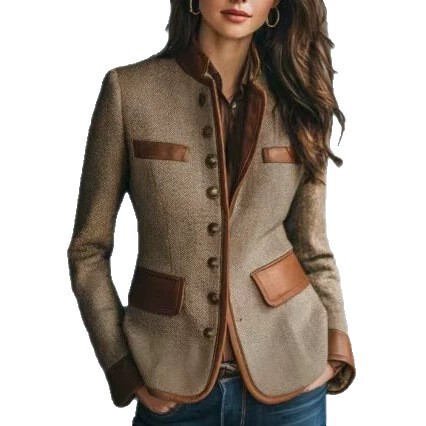 In-Stock Cross-Border Amazon French Retro Style High-End Patchwork Blazer Collar Women's Jacket In-Stock Cross-Border Amazon French Retro Style High-End Patchwork Blazer Collar Women's Jacket