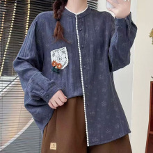 日系小清新 2025秋装新品贴布蕾丝圆领百搭双层棉纱长袖衬衫女装