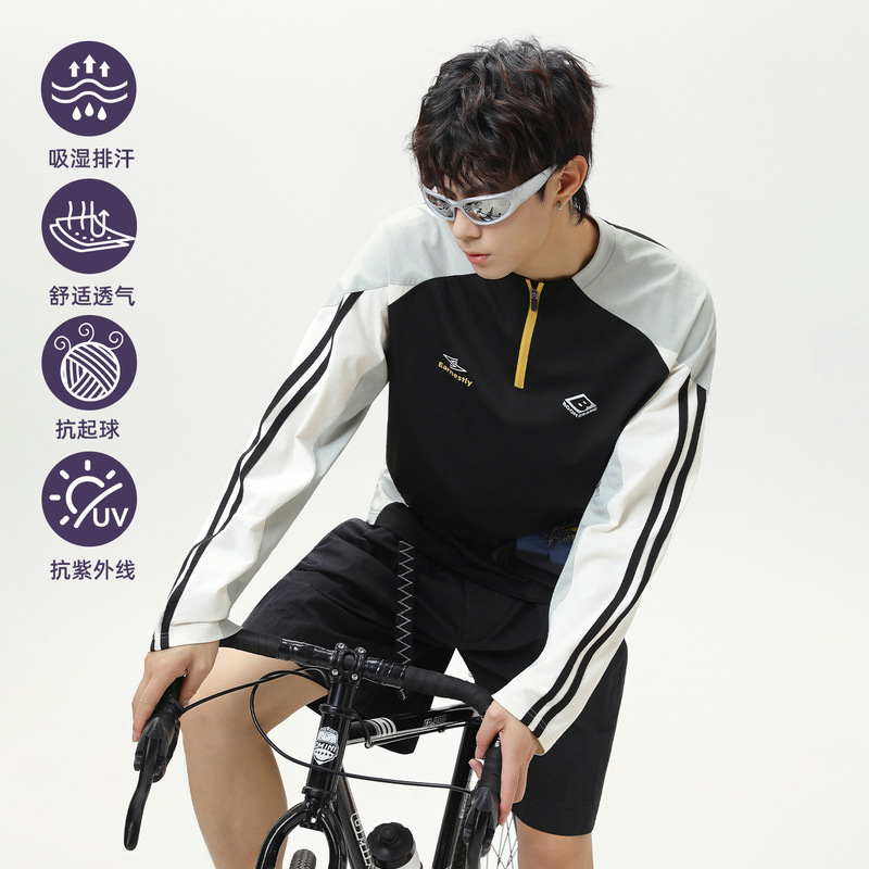 Patchwork Contrasting Color Sun Protection Breathable Sports T-Shirt Men's Autum Loose Half-Zip Printed Long-Sleeved Sweatshirt T-Shirt Patchwork Contrasting Color Sun Protection Breathable Sports T-Shirt Men's Autum Loose Half-Zip Printed Long-Sleeved Sweatshirt T-Shirt