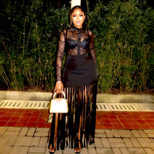 欧美风2025秋季跨境新款街头潮人性感辣妹网纱透视上衣长裙套装女