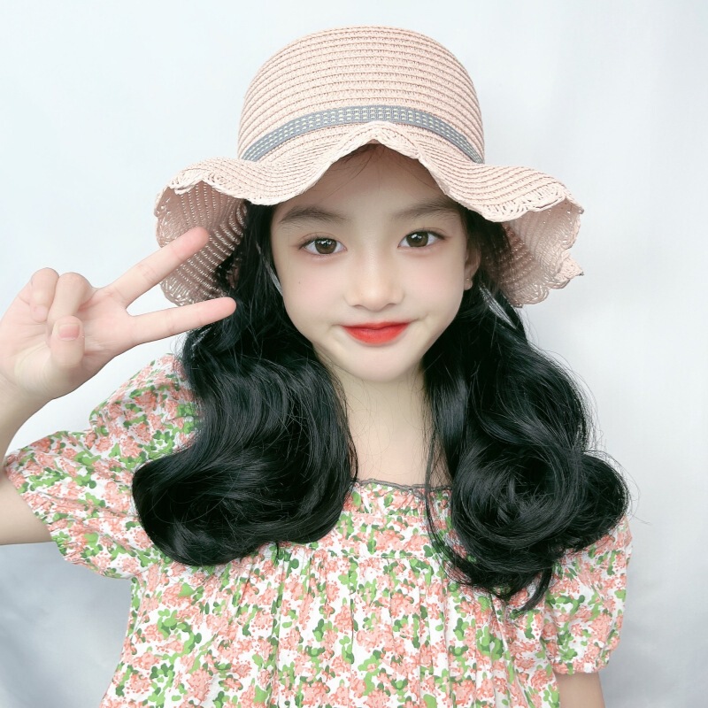 Shake live broadcast with goods children's wig women's non-detachable fashion long curly hair fisherman hat full head cover wholesale