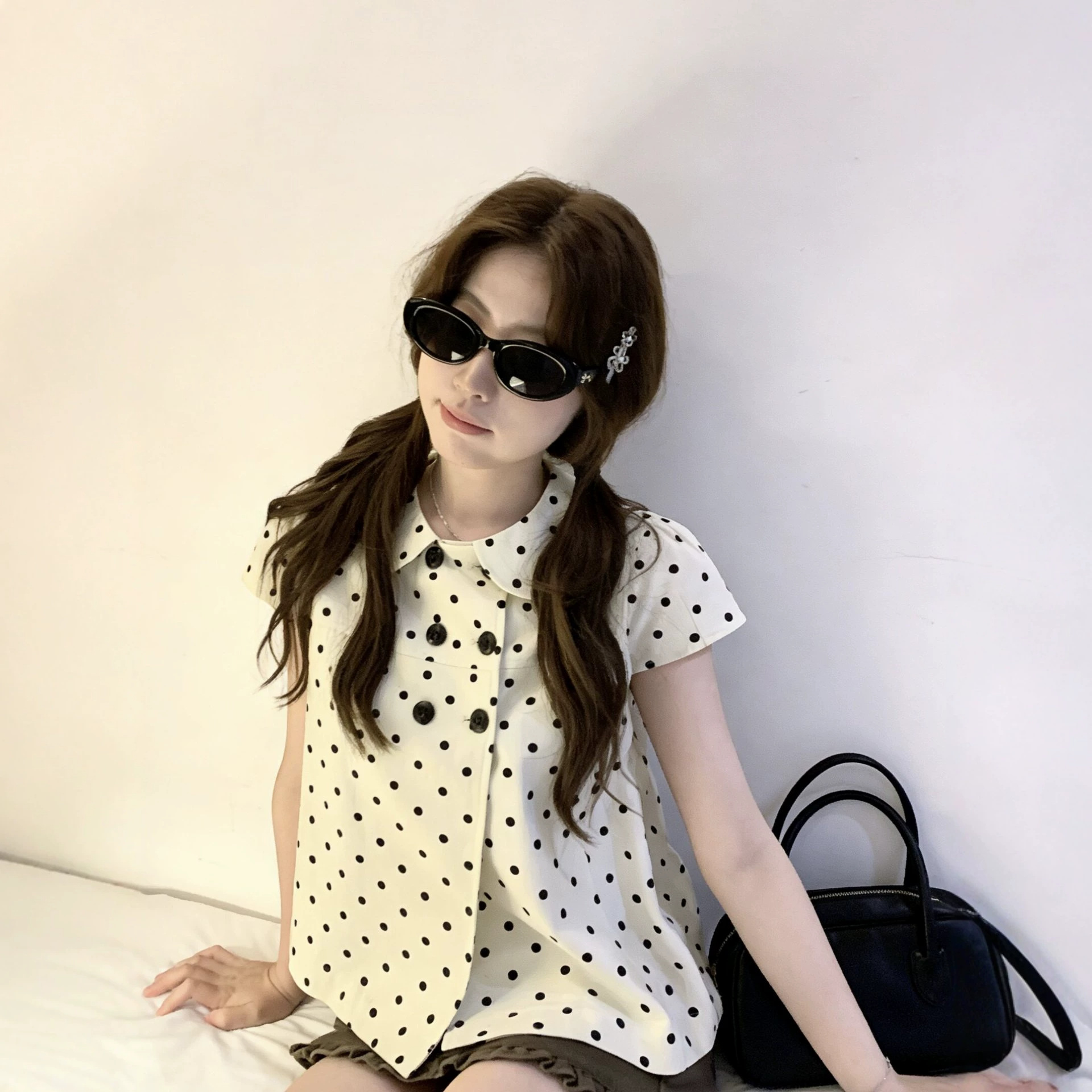 Kumikumi Sweet Polka Dot Age-Reducing Peter Pan Collar Short-Sleeve Shirt Women's Summer Slimming Versatile Chic Top