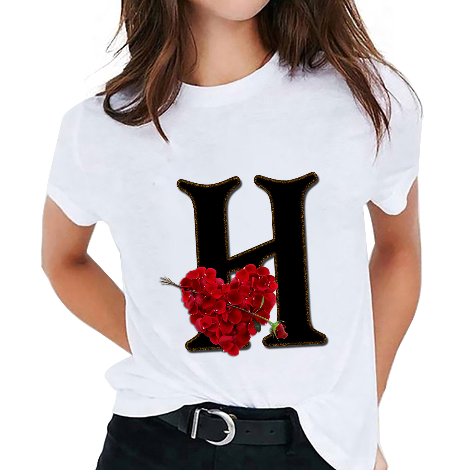 168g Weight Wholesale Women'S Fashion Letter Heart Shape Short Sleeve Printing T-Shirts