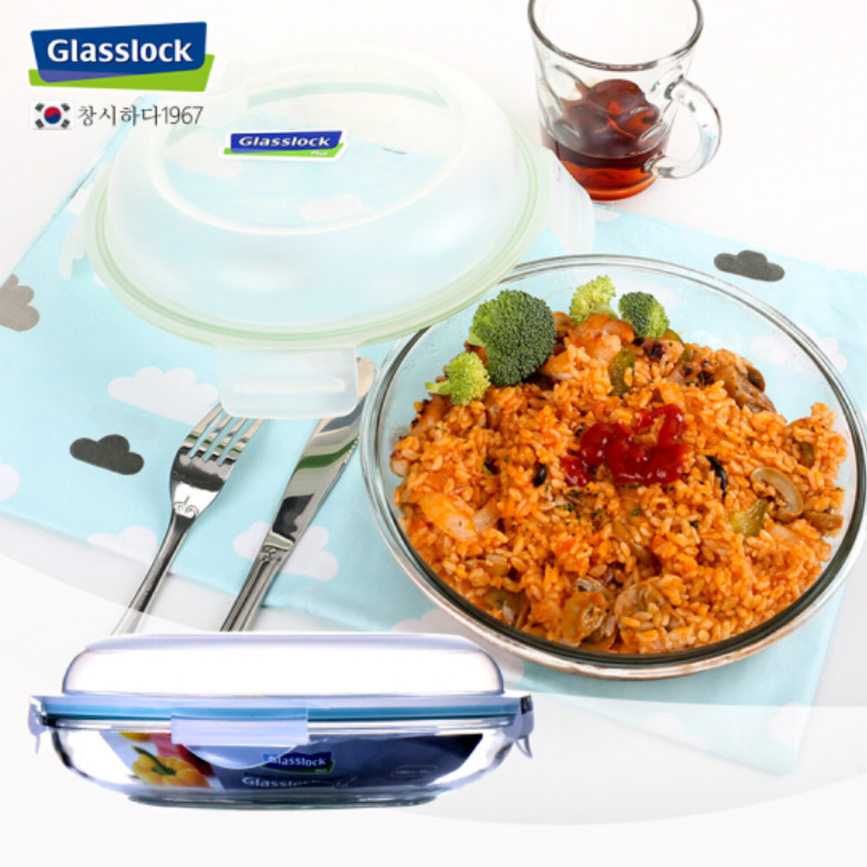 Glasslock 钢化玻璃汤盘鱼盘透明密封盘子带盖圆形鱼盘韩式餐具盘
