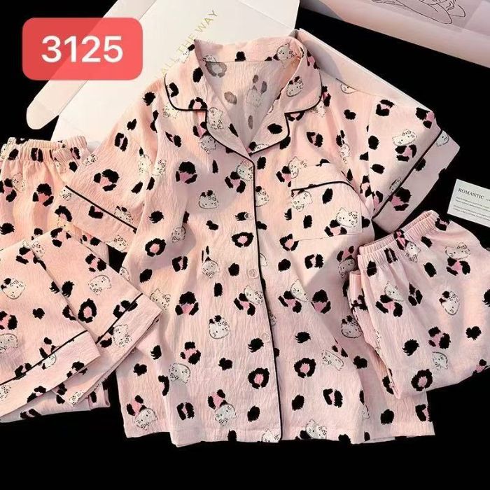 Comercio exterior nube transfronteriza algodón de tres piezas pantalones cortos de manga corta pantalones pijamas de verano ropa a domicilio rebeca de dibujos animados solapa