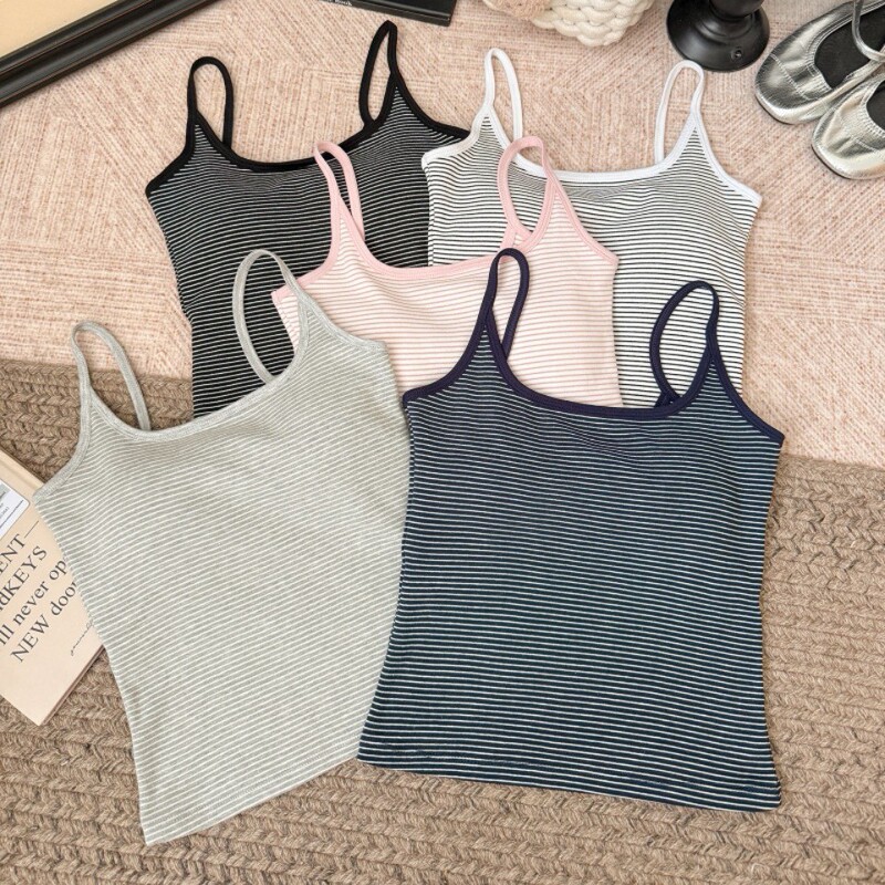 Poetic Charm Pure Desire Small U-Neck Versatile Basic Striped Camisole for Women with Chest Pads, Pure Cotton, Skin-Friendly, Korean Style Camisole Poetic Charm Pure Desire Small U-Neck Versatile Basic Striped Camisole for Women with Chest Pads, Pure Cotton, Skin-Friendly, Korean Style Camisole