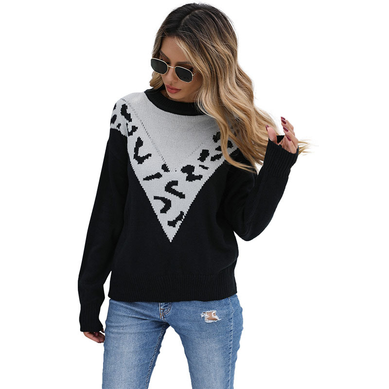 Pullover maglione sciolto a maniche lunghe con stampa leopardata a contrasto_voghion.com