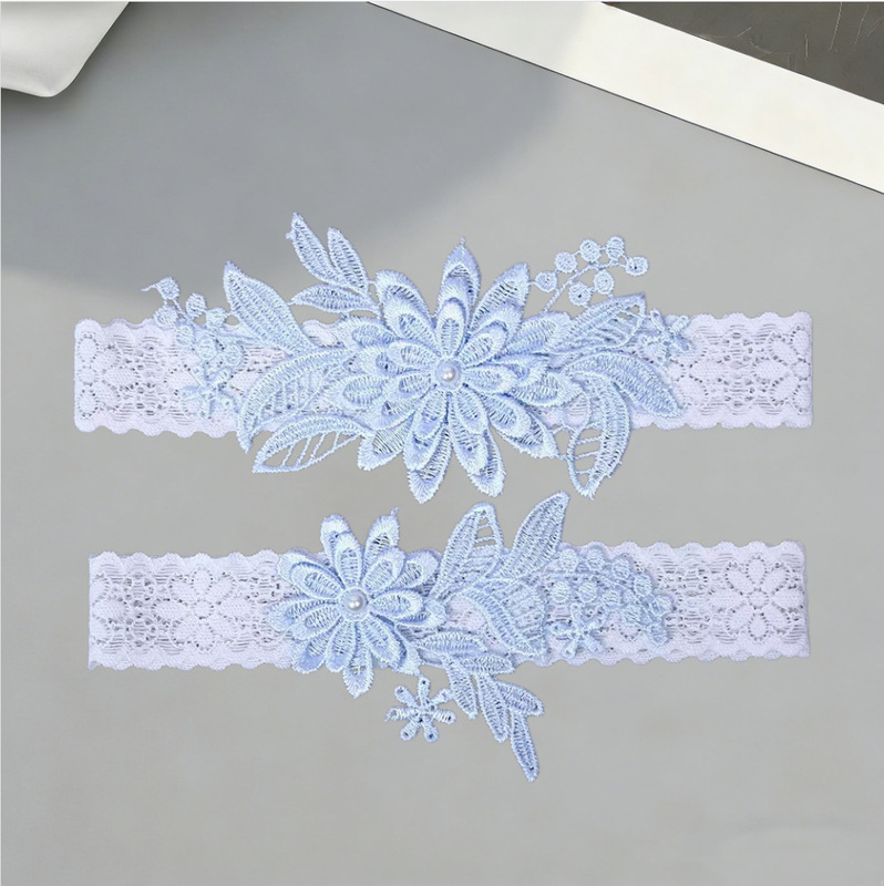 Cross-Border Hot-Selling Elegant Light Blue Lace Bridal Garter with Pure Desire Style Pearls and Elastic Leg Band Wedding Dress Decoration Lace