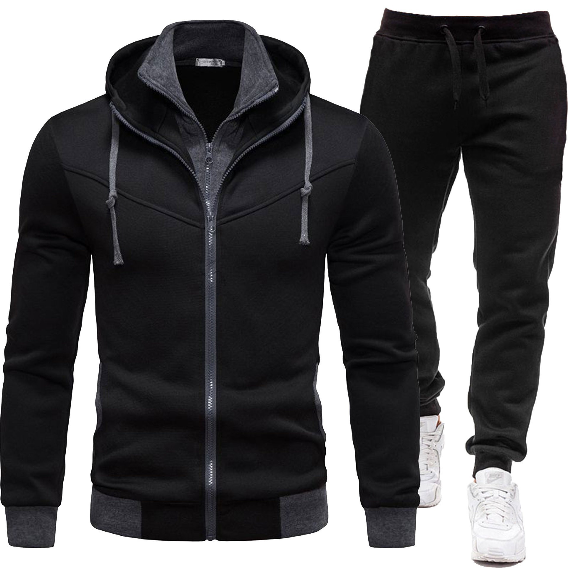 Autumn and Winter Sports Splicing Men's Jacket Casual Long-Sleeved Trousers Hooded Sports Men's Suit Two-Piece Set