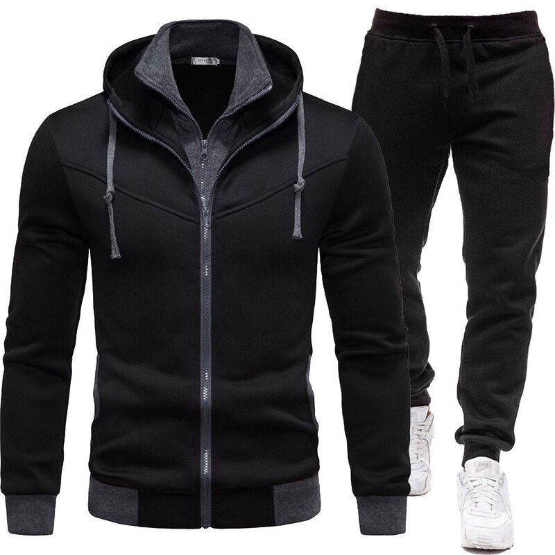 Autumn and Winter Sports Splicing Men's Jacket Casual Long-Sleeved Trousers Hooded Sports Men's Suit Two-Piece Set