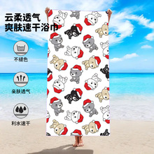 卡通图案超细纤维沙滩巾外贸印花吸水速干双面绒浴巾条纹儿童毛巾
